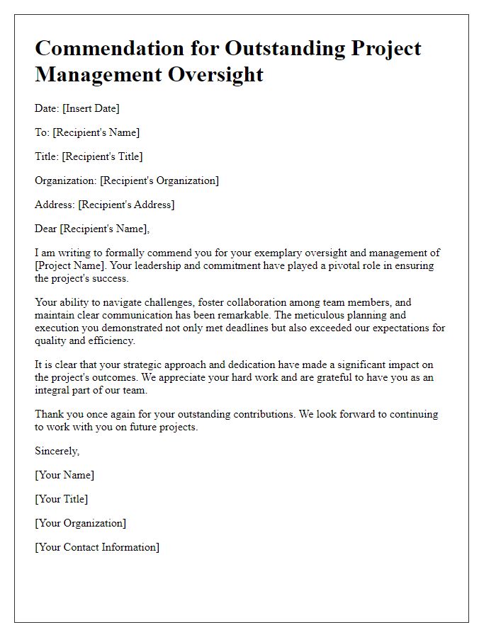 Letter template of commendation for effective project management oversight