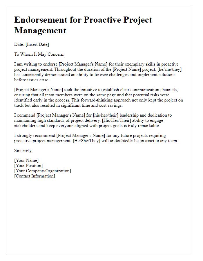 Letter template of endorsement for proactive project management