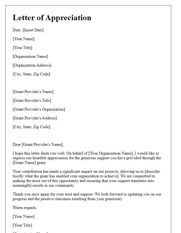 Letter template of appreciation for grant provider's support.