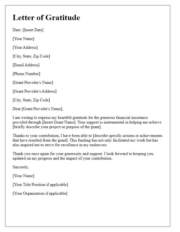 Letter template of gratitude for financial assistance from grant providers.