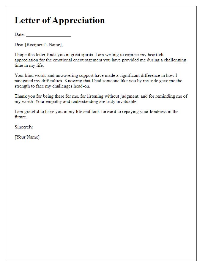 Letter template of appreciation for emotional encouragement.