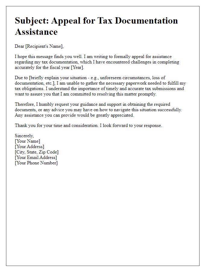 Letter template of appeal for tax documentation assistance