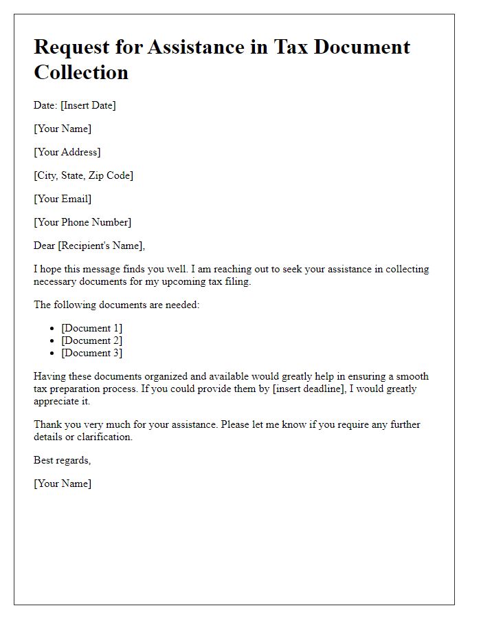 Letter template of assistance needed for tax document collection