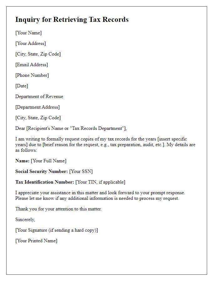 Letter template of inquiry for retrieving tax records