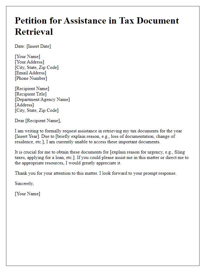 Letter template of petition for assistance in tax document retrieval