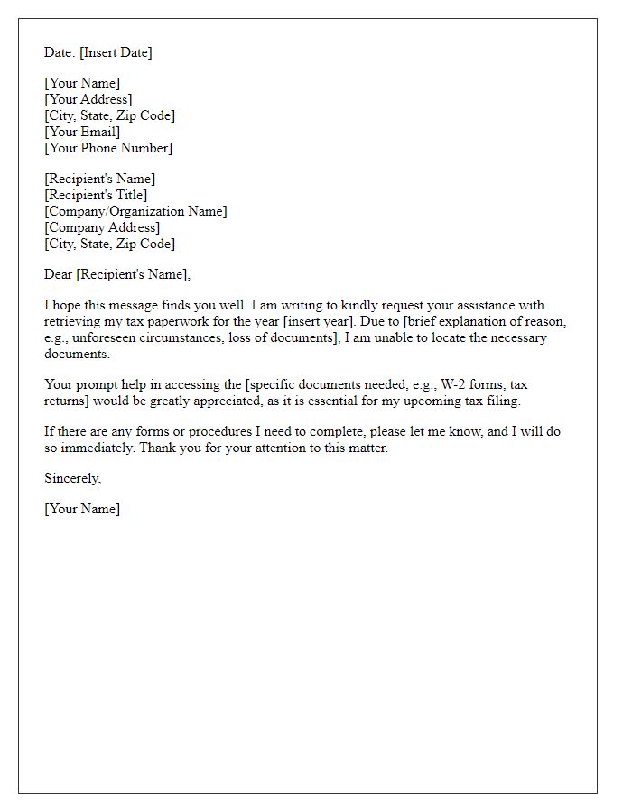 Letter template of request for help with tax paperwork retrieval