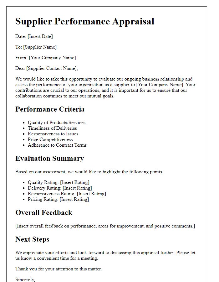 Letter template of supplier performance appraisal