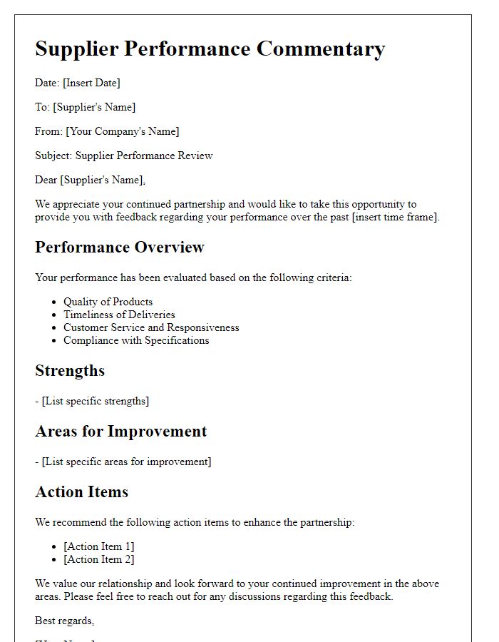 Letter template of supplier performance commentary