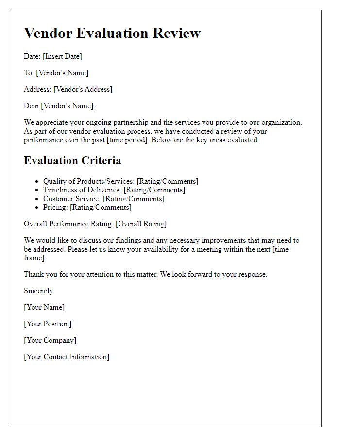 Letter template of vendor evaluation review