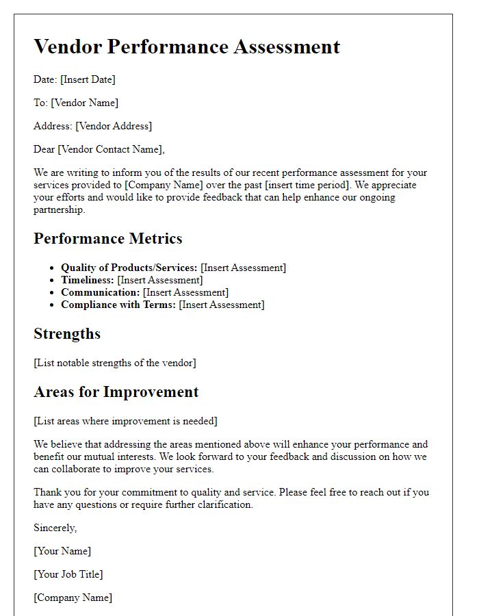 Letter template of vendor performance assessment