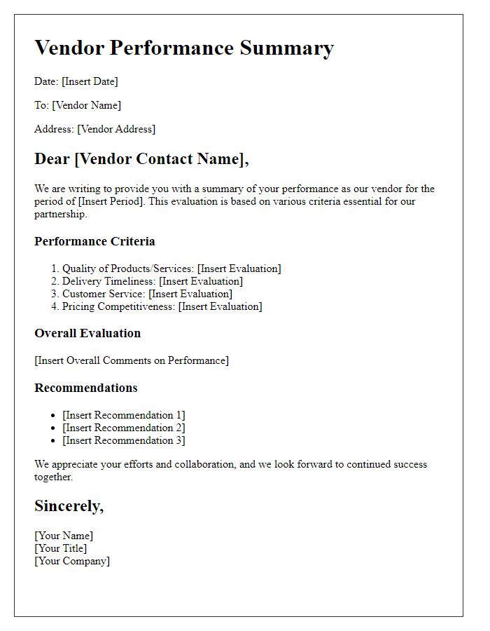 Letter template of vendor performance summary