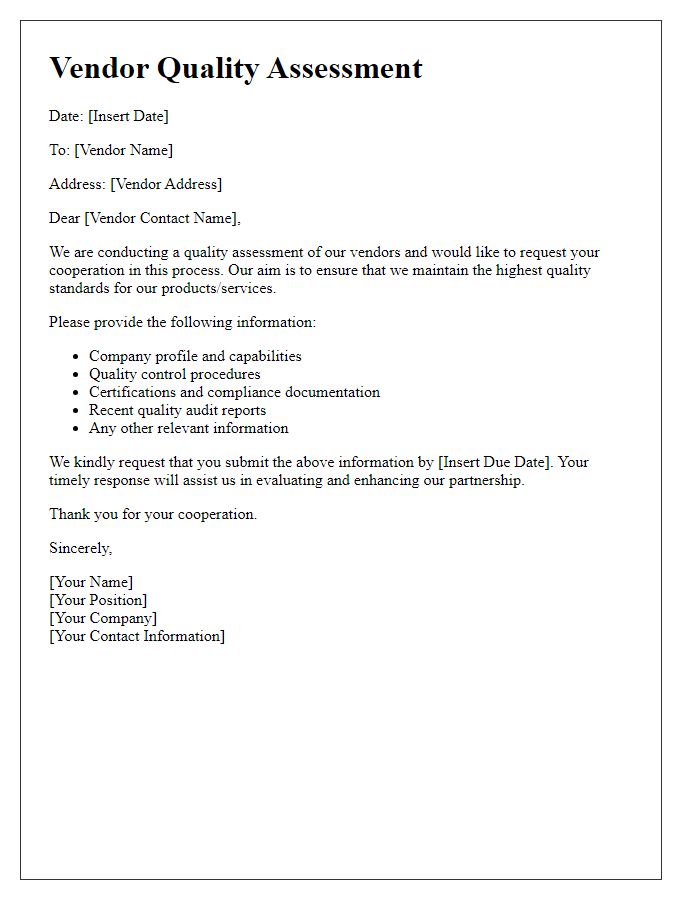 Letter template of vendor quality assessment
