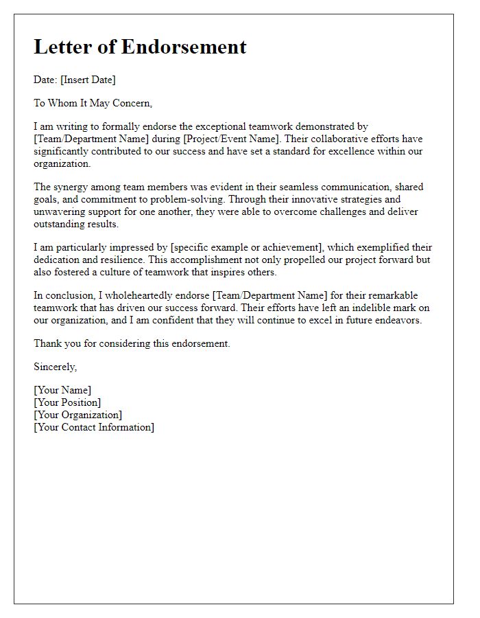 Letter template of endorsement for teamwork that drove our success forward.