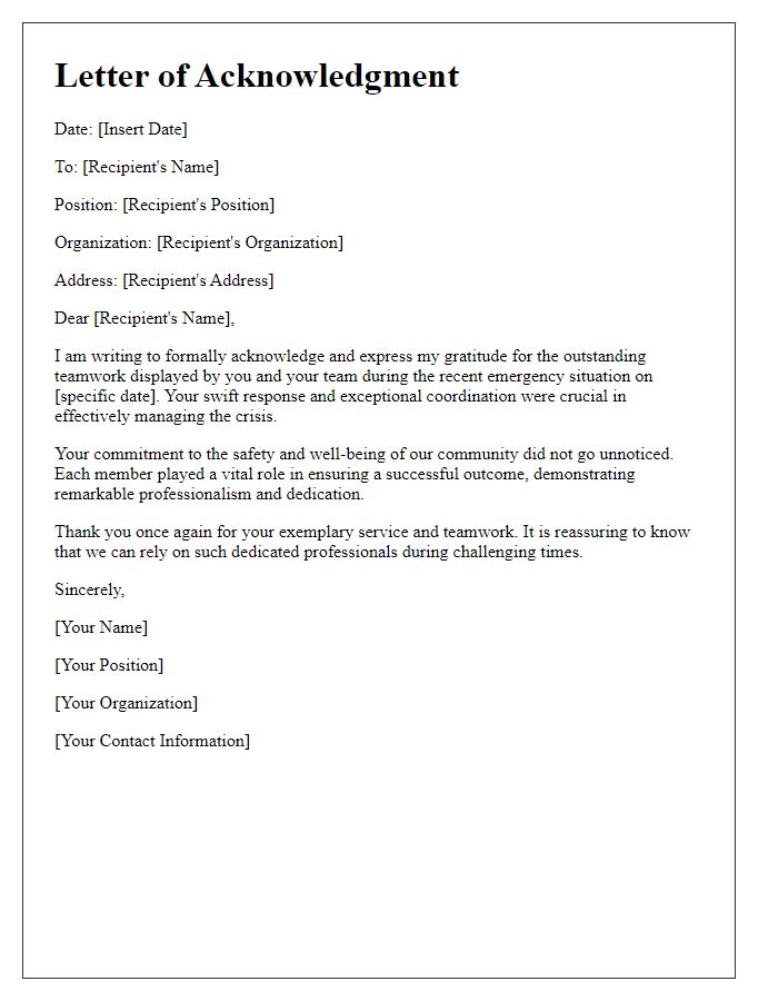 Letter template of acknowledgment for effective emergency service teamwork.