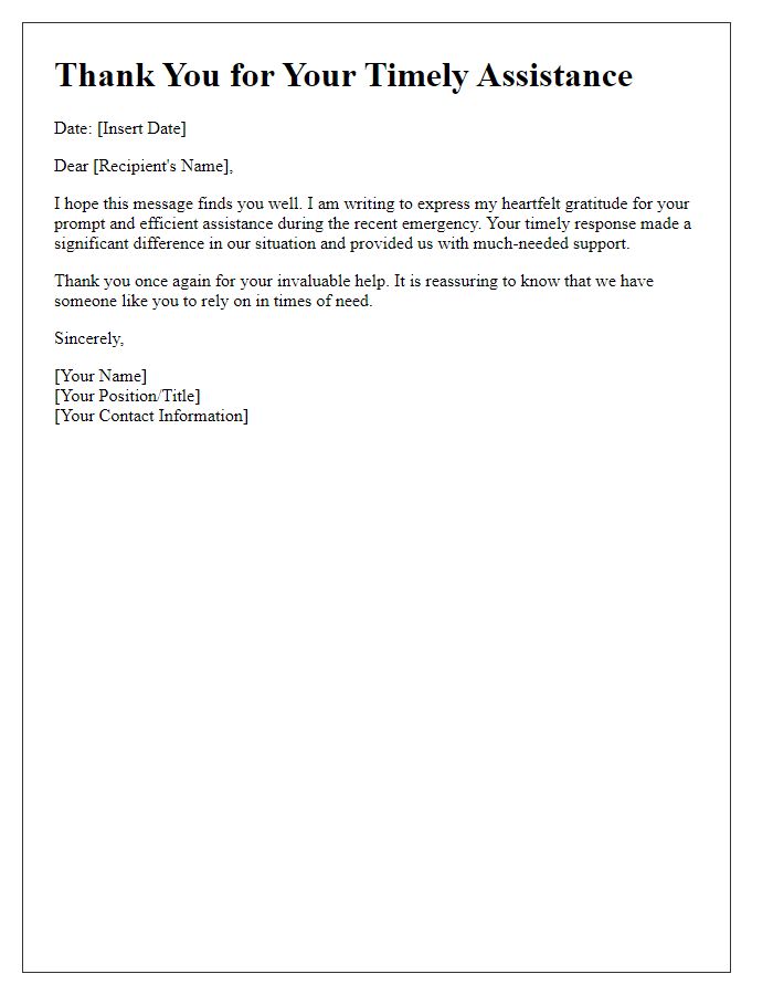 Letter template of thanks for timely emergency assistance.