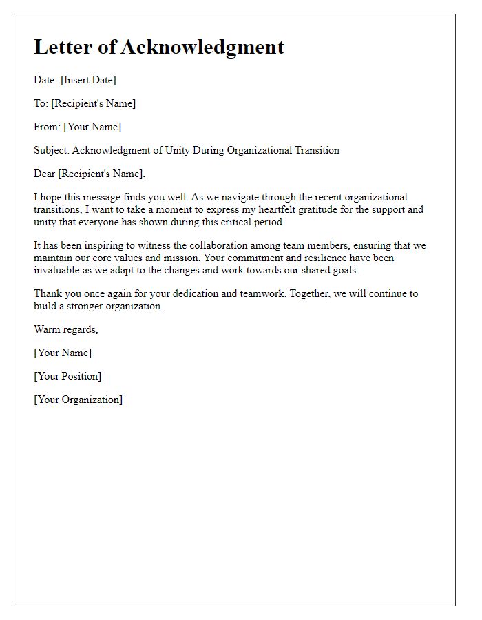 Letter template of acknowledgment for unity during organizational transitions