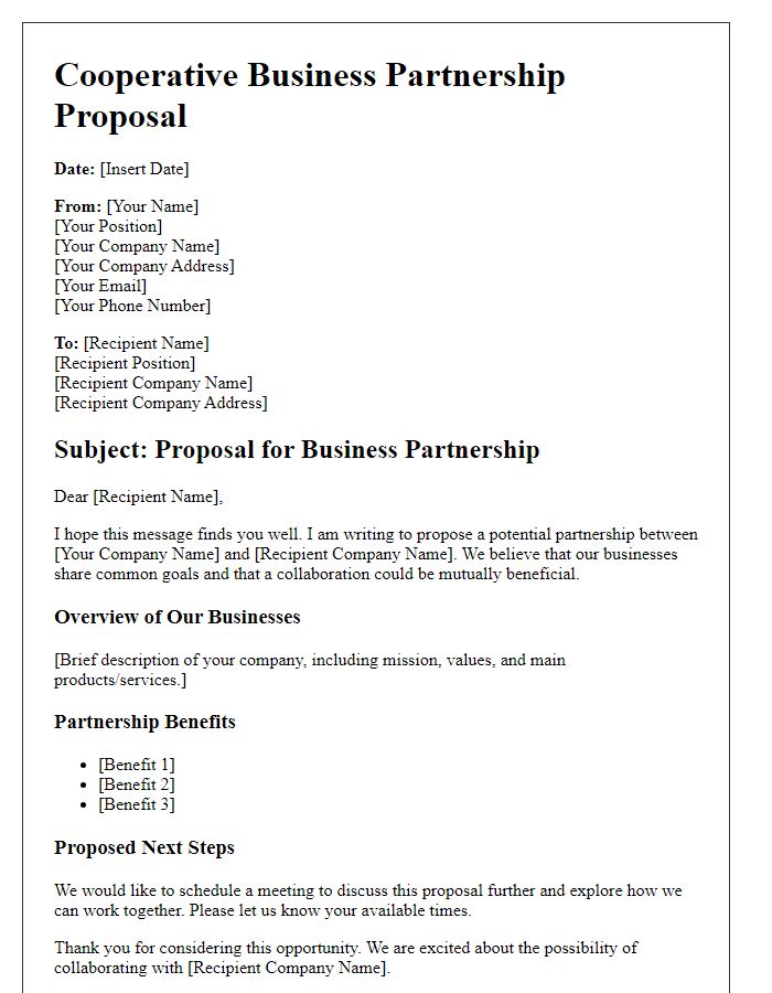 Letter template of cooperative business partnership outline