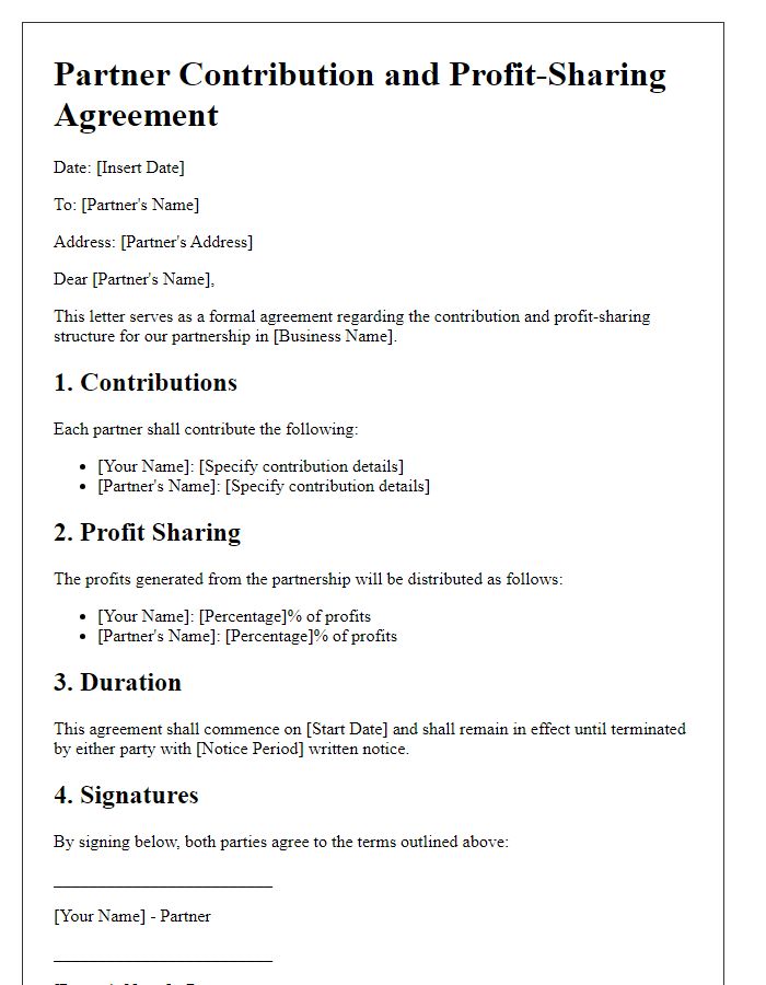 Letter template of partner contribution and profit-sharing agreement