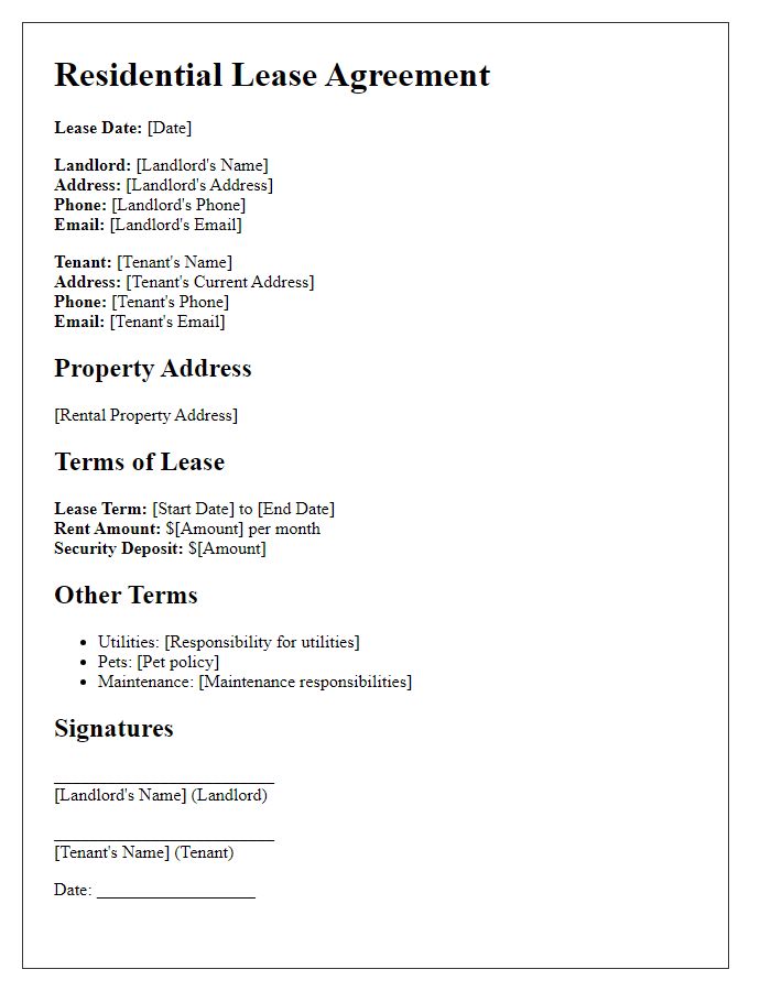 Letter template of rental property agreement for residential lease.