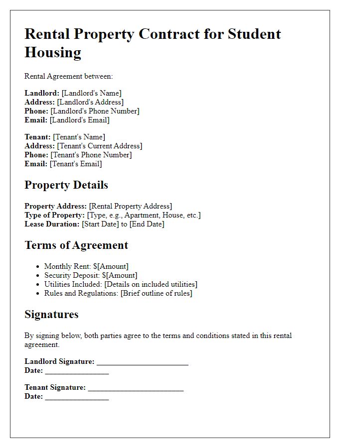 Letter template of rental property contract for student housing.