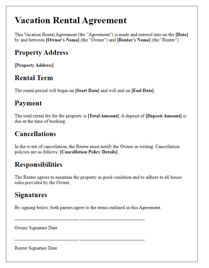 Letter template of rental property contract for vacation rental.