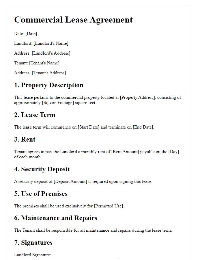 Letter template of rental property lease for commercial space.