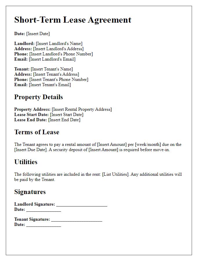 Letter template of rental property rental agreement for short-term lease.