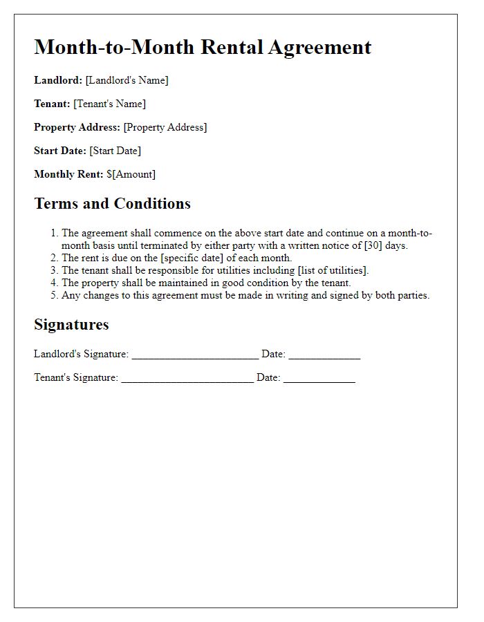 Letter template of rental property tenancy agreement for month-to-month rentals.