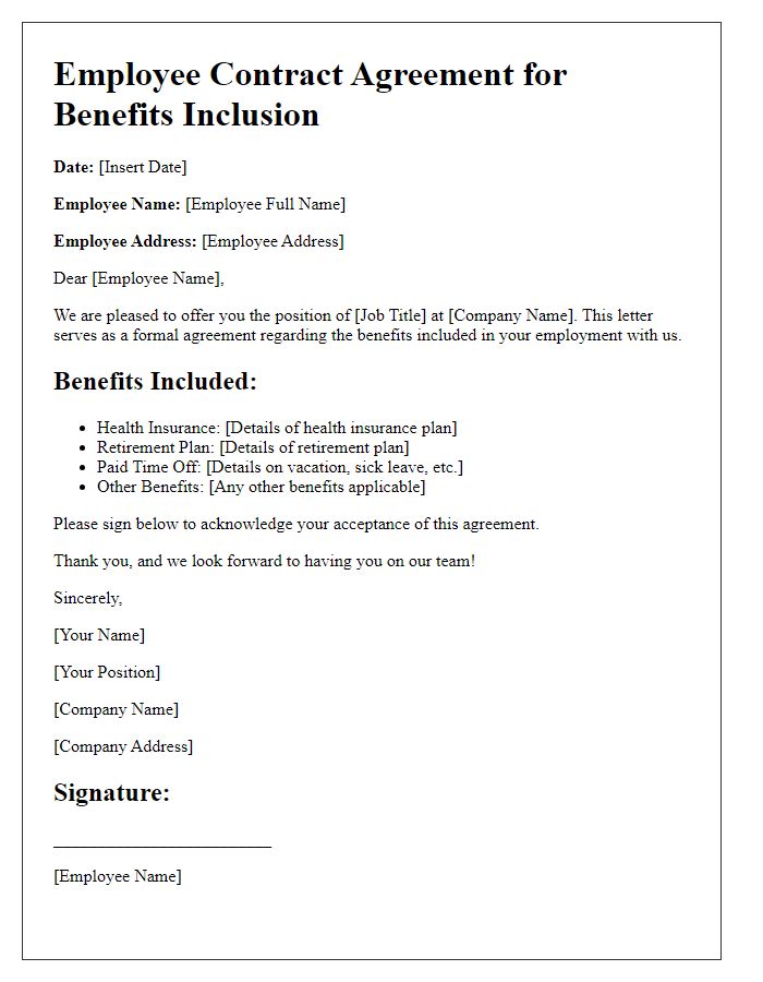 Letter template of employee contract agreement for benefits inclusion