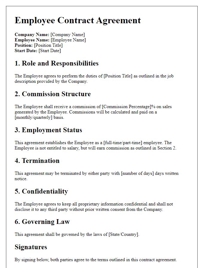 Letter template of employee contract agreement for commission-based roles