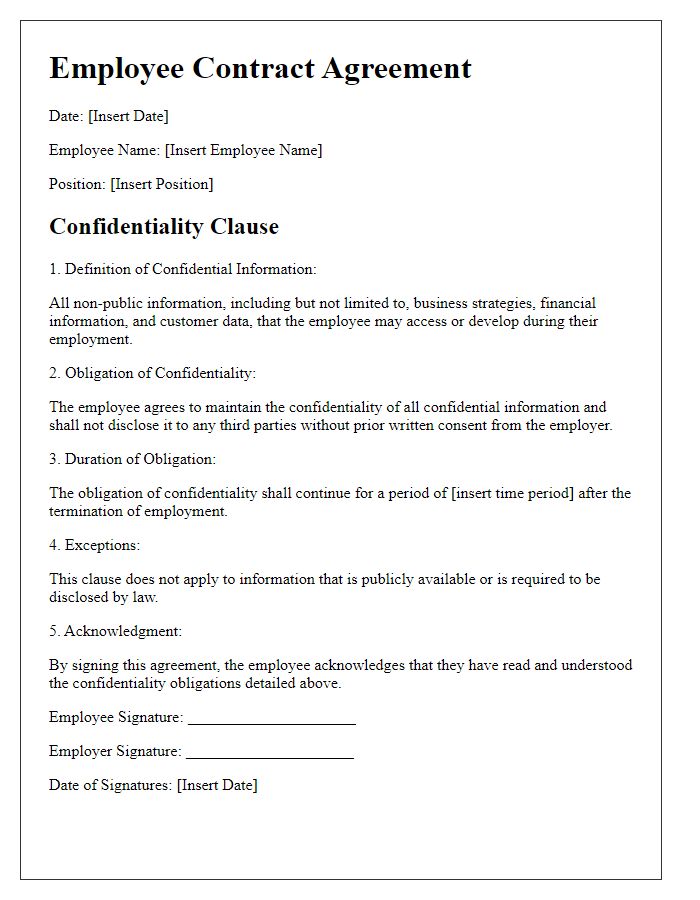 Letter template of employee contract agreement for confidentiality clauses