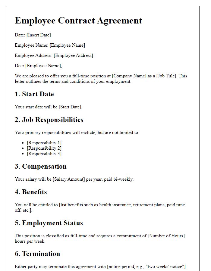 Letter template of employee contract agreement for full-time positions