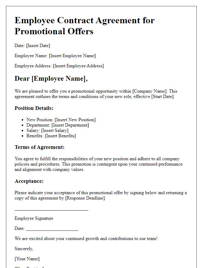 Letter template of employee contract agreement for promotional offers