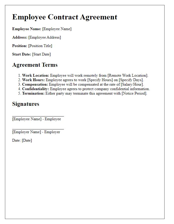 Letter template of employee contract agreement for remote work