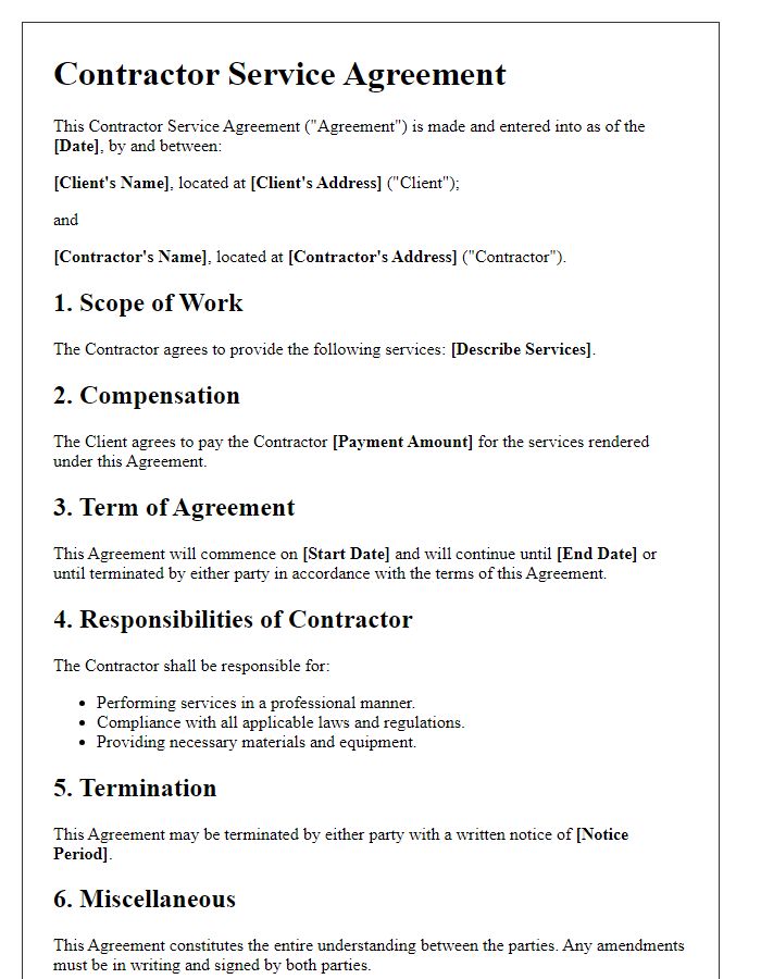 Letter template of contractor service agreement for commercial projects