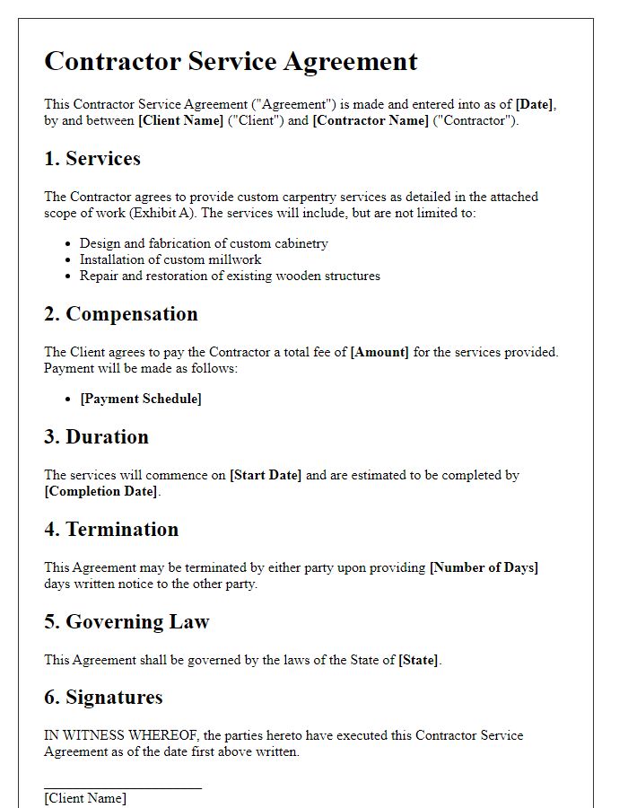 Letter template of contractor service agreement for custom carpentry work