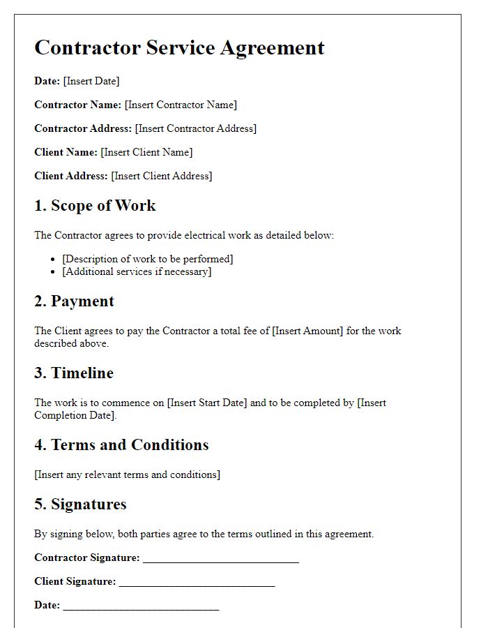 Letter template of contractor service agreement for electrical work