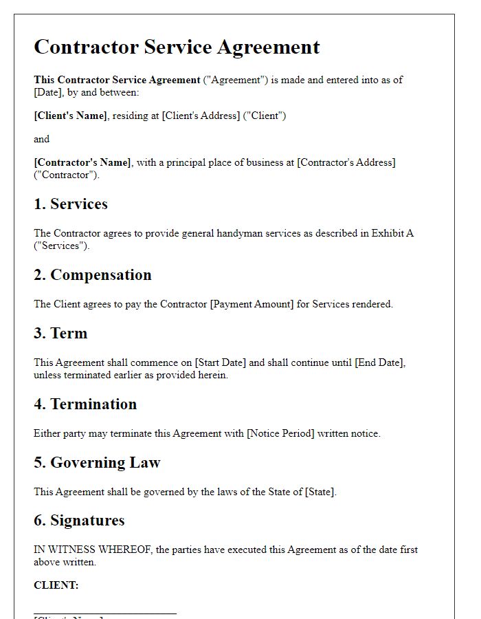 Letter template of contractor service agreement for general handyman services