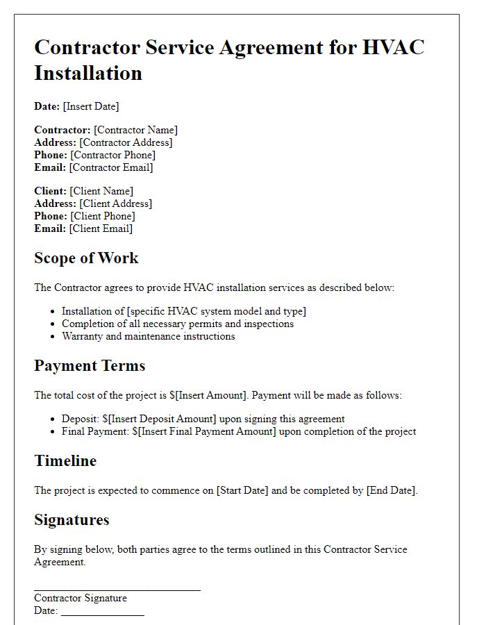 Letter template of contractor service agreement for HVAC installation