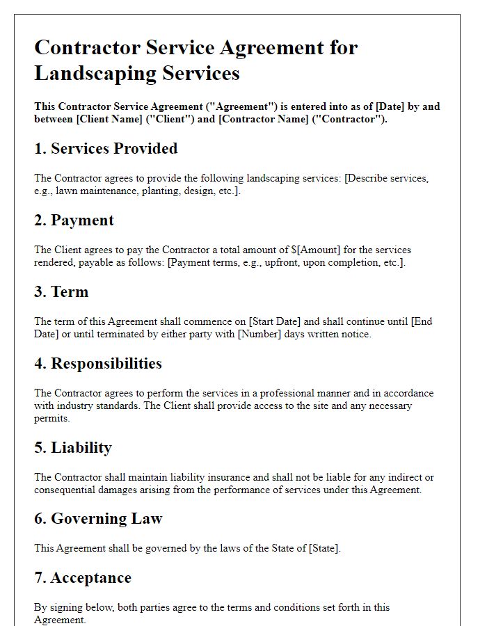 Letter template of contractor service agreement for landscaping services