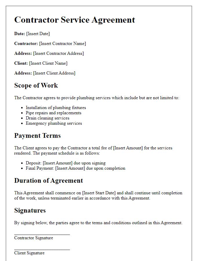 Letter template of contractor service agreement for plumbing services