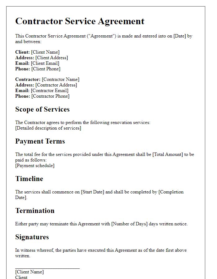 Letter template of contractor service agreement for renovation services