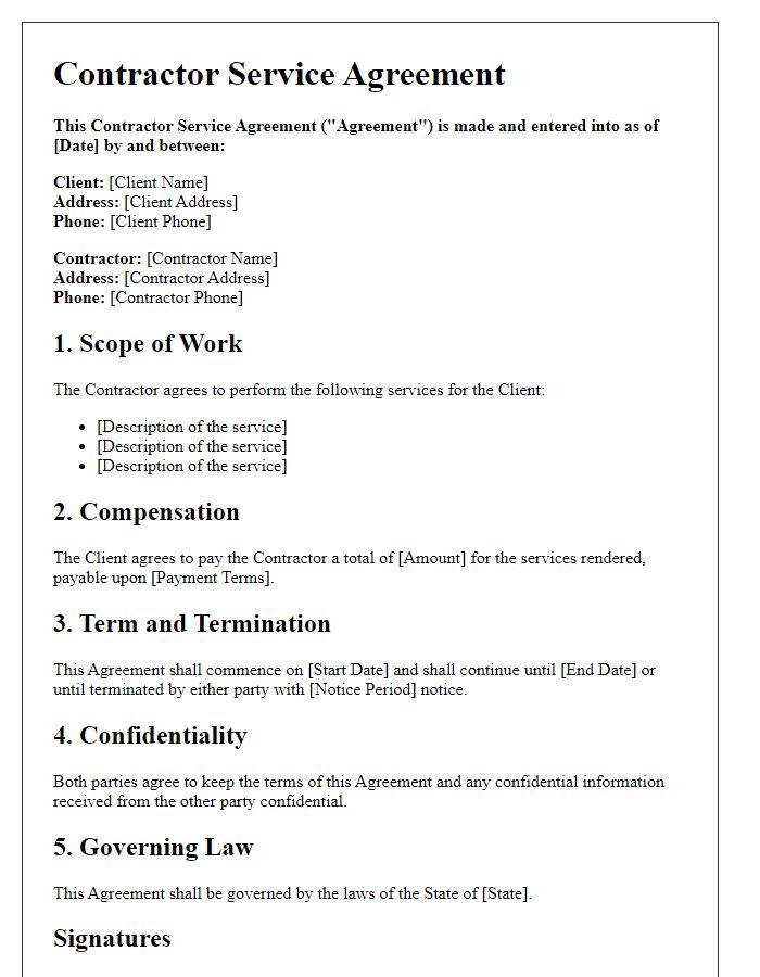 Letter template of contractor service agreement for residential projects