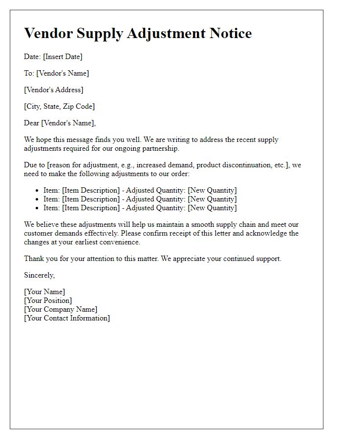 Letter template of vendor supply adjustment.