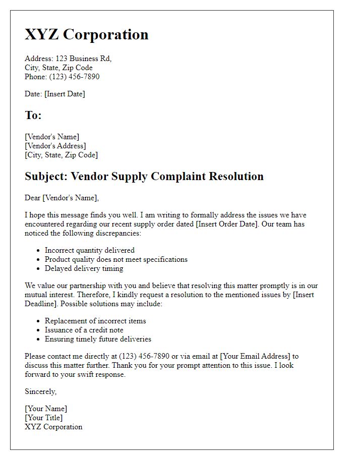 Letter template of vendor supply complaint resolution.