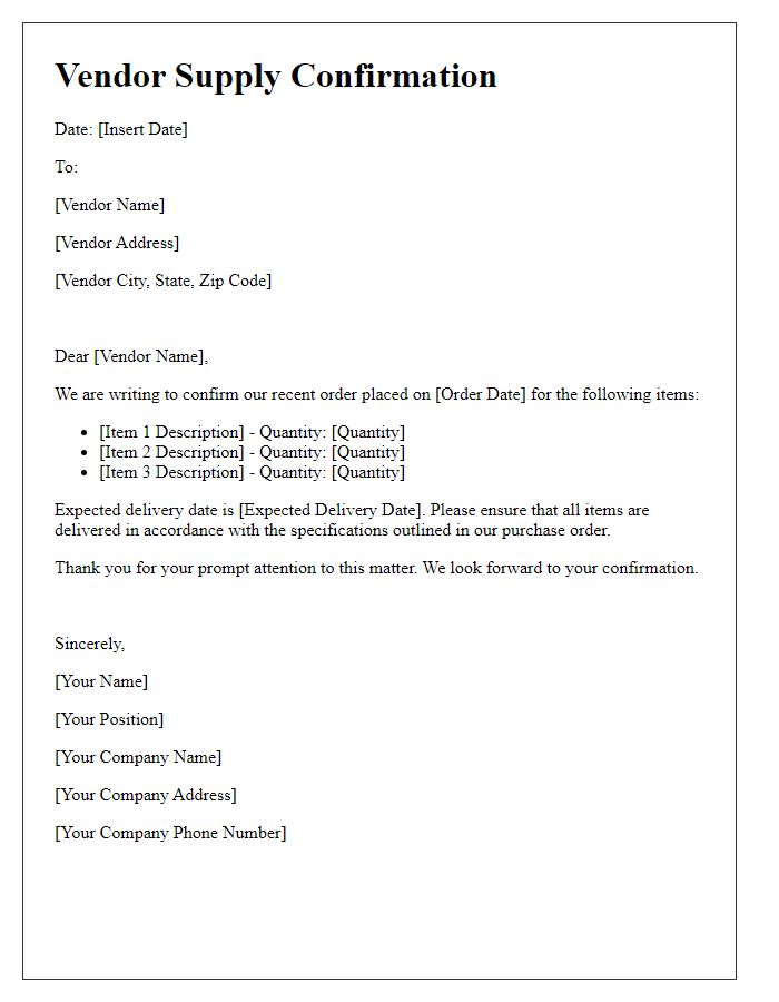 Letter template of vendor supply confirmation.