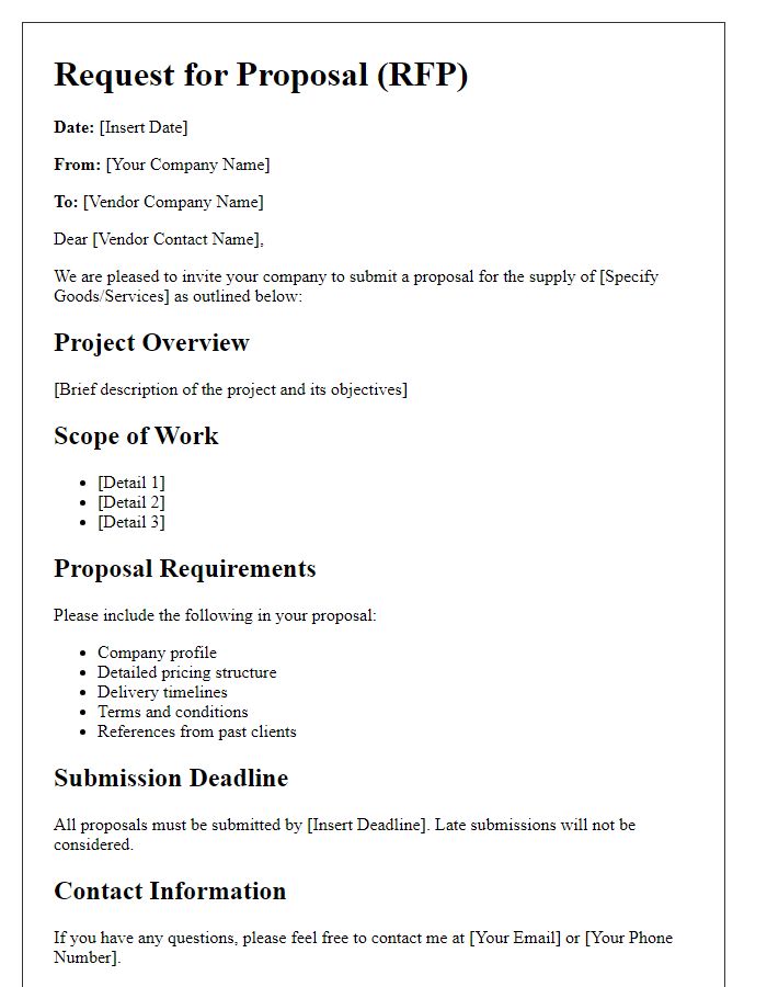 Letter template of vendor supply request for proposal.