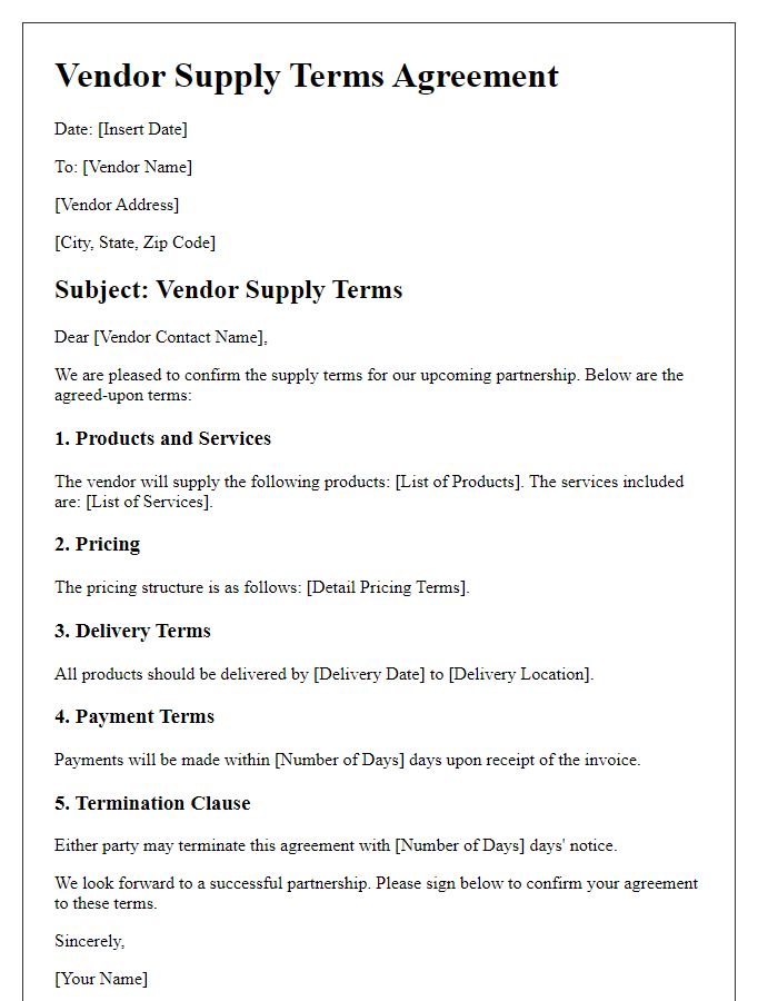 Letter template of vendor supply terms.