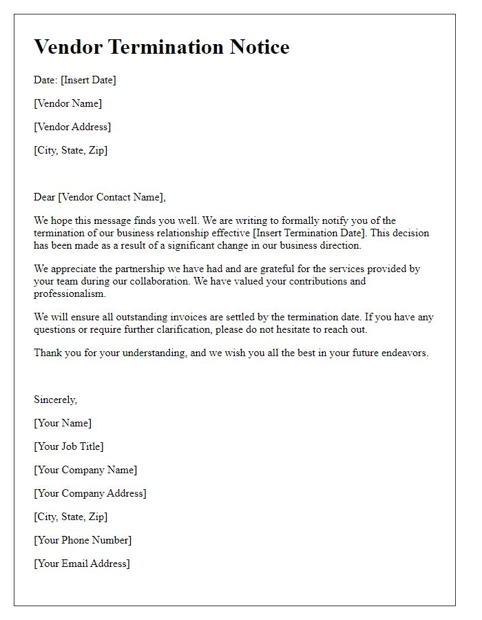 Letter template of vendor termination notice for change in business direction