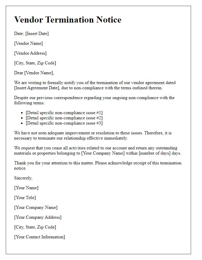 Letter template of vendor termination notice for non-compliance with terms